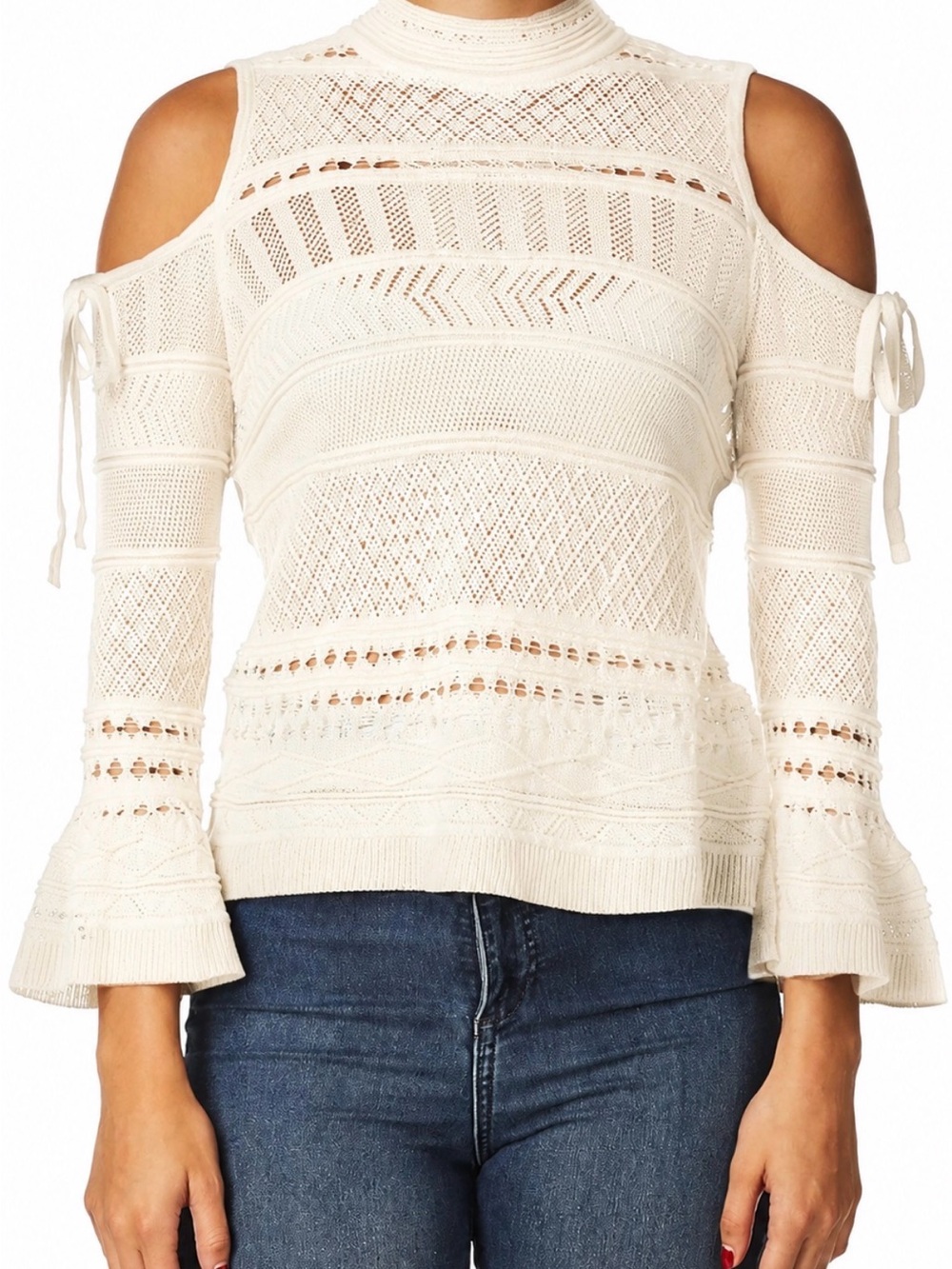 NWT-Cream Cold-Shoulder Knit Sweater with Tie Details